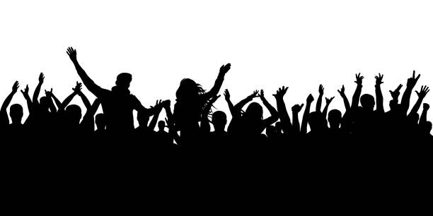 fröhliche menschenmenge silhouette hintergrund. party-leute, applaudieren. fans tanzen konzert, disco. - applauding human hand silhouette audience stock-grafiken, -clipart, -cartoons und -symbole