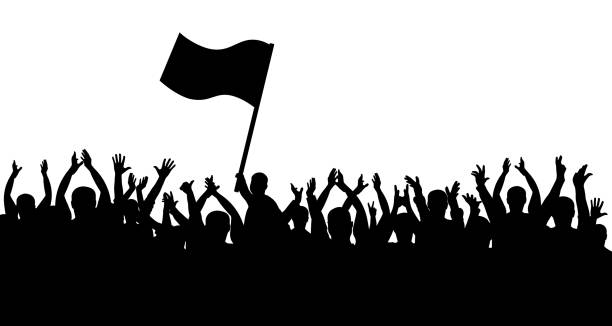 masse der menschen silhouette. sport-fans. menschen fröhlich. mann mit flagge - soccer stadium sport crowd stock-grafiken, -clipart, -cartoons und -symbole