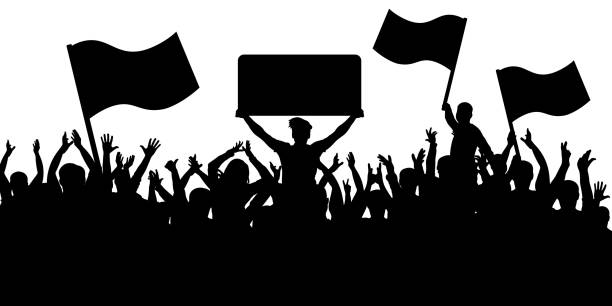 istock Crowd of people with flags silhouette background. Sports fans. 917983690