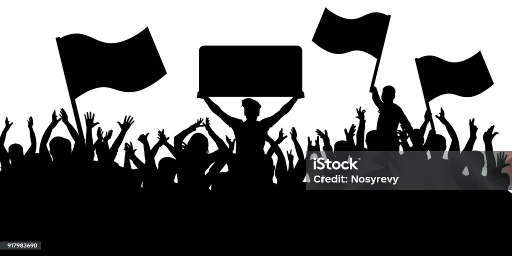 Crowd of people with flags silhouette background. Sports fans. Fan - Enthusiast stock vector