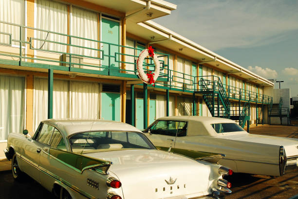 Route 66, August 3, 2018. American Motel with neon​ sign on at Sunset