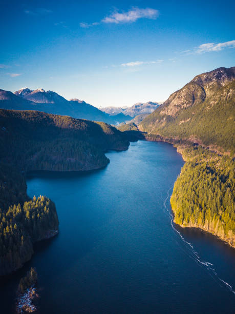 vista aérea do lago rodeado de árvores e montanhas perto de vancouver, bc, canadá - adamant mountains - fotografias e filmes do acervo