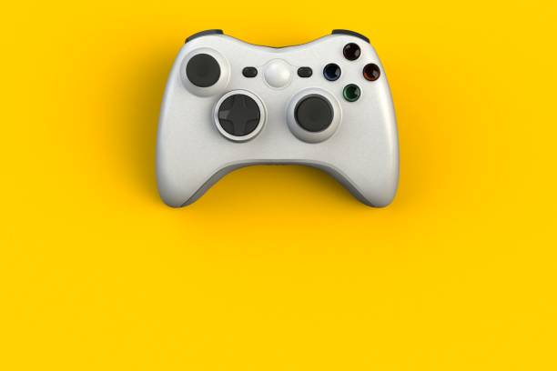 istock Computer game competition. Gaming concept. White joystick isolated on yellow background, 3D rendering 917991218