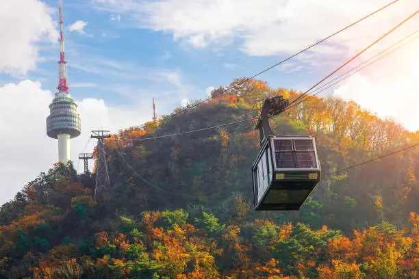 Cable car to Seoul N tower with blue sky and autymn season, Seoul city, South Korea