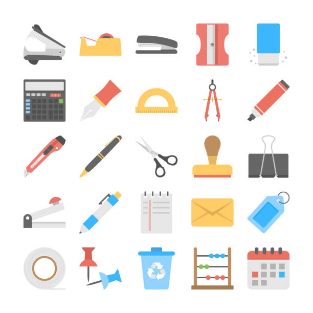 Office and Stationery Flat Vector Icons Set This is bold and bright set of stationery flat icons. This pack offers a friendly collection to help with all stationery flat icons needs. office supply stock illustrations