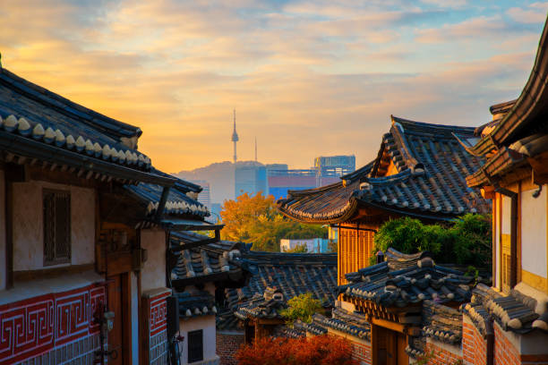 Ancient Korean town in Autumn and morning sunrise Ancient Korean town in Autumn and morning sunrise, Travel place in Seoul city, Seoul, South Korea korea autumn stock pictures, royalty-free photos & images