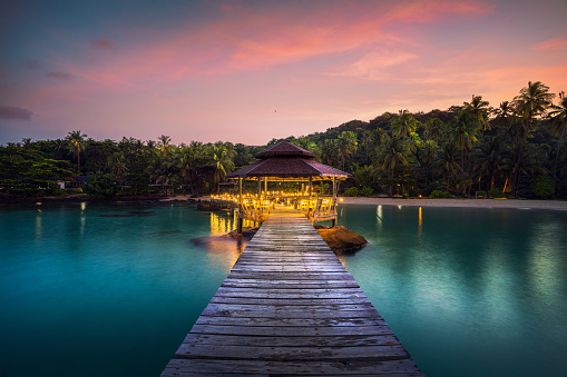Wooded bridge and pavolion in Koh Kood in Trad with morning sunrise, Thailand, This immage can use for Resort, Beach, Holiday, summer, romantic and travel concept