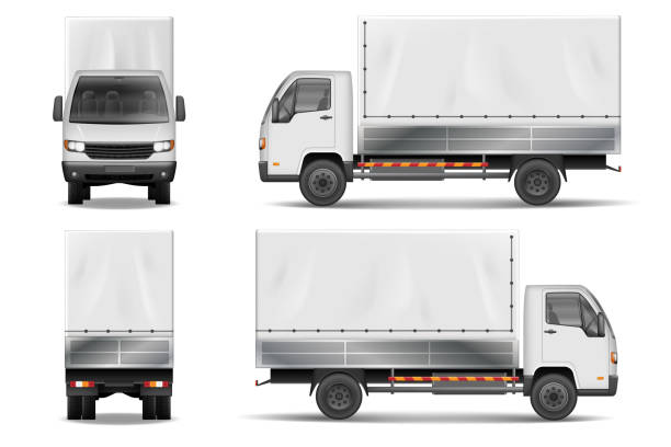 sattelschlepper, isoliert auf weiss. kommerzielle realistische cargo lkw modell. lieferung lkw vektor vorlage von seite zurück, frontansicht - truck semi truck vehicle trailer rear view stock-grafiken, -clipart, -cartoons und -symbole