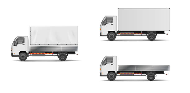 istock Set of realistic white cargo vehicles. vector illustration with heavy truck, trailer, lorry, delivery van isolated. Side view mockup 917991976