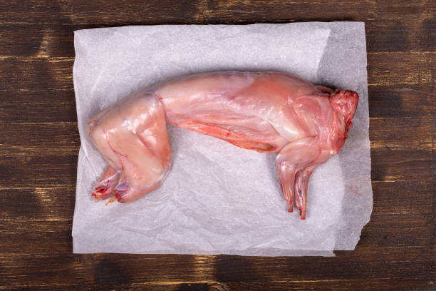 Carcass of uncooked rabbit on a cutting board. Raw rabbit meat close up Carcass of uncooked rabbit on a cutting board. Raw rabbit meat close up, top view hare and leveret stock pictures, royalty-free photos & images
