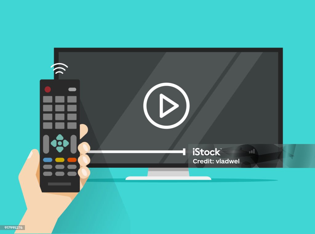 Remote control in hand near flat screen tv watching video film, cartoon design person watching movie or film on television display Remote control in hand near flat screen tv watching video film, cartoon person watching movie or film on television display Television Industry stock vector