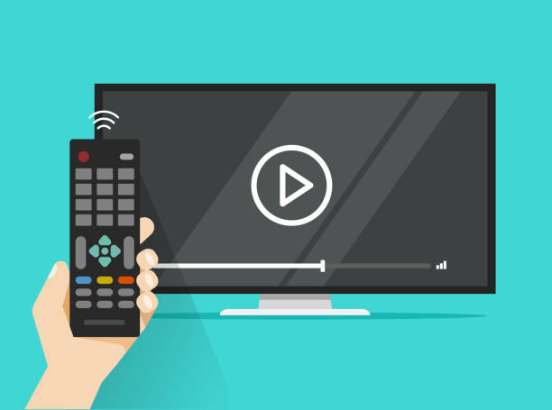 Remote Control In Hand Near Flat Screen Tv Watching Video Film Cartoon  Design Person Watching Movie Or Film On Television Display Stock  Illustration - Download Image Now - iStock