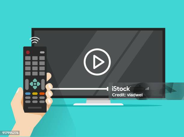 Remote Control In Hand Near Flat Screen Tv Watching Video Film Cartoon Design Person Watching Movie Or Film On Television Display Stock Illustration - Download Image Now