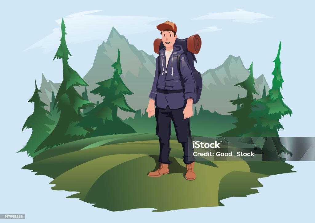 Man with backpack on the background of the mountain landscape. Mountain tourism, hiking, active outdoor recreation. Isolated vector illustration. Happy young man with backpack on the background of the mountain landscape. Mountain tourism, hiking, active outdoor recreation. Vector illustration, isolated on light background. Adult stock vector