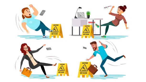 Vector illustration of Caution Wet Floor Sign Vector. People Slips On Wet Floor. Situation In Office. Danger Sign. Clean Wet Floor. Isolated Flat Cartoon Character Illustration