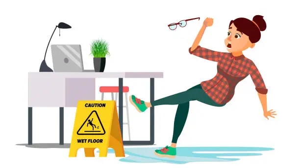 Vector illustration of Woman Slips On Wet Floor Vector. Caution Sign. Isolated Flat Cartoon Character Illustration
