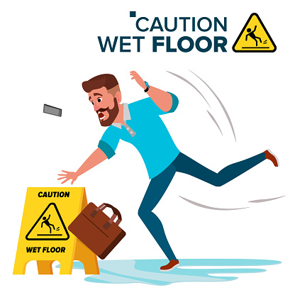 Man Slips On Wet Floor Vector. Caution Sign. Isolated Flat Cartoon Character Illustration