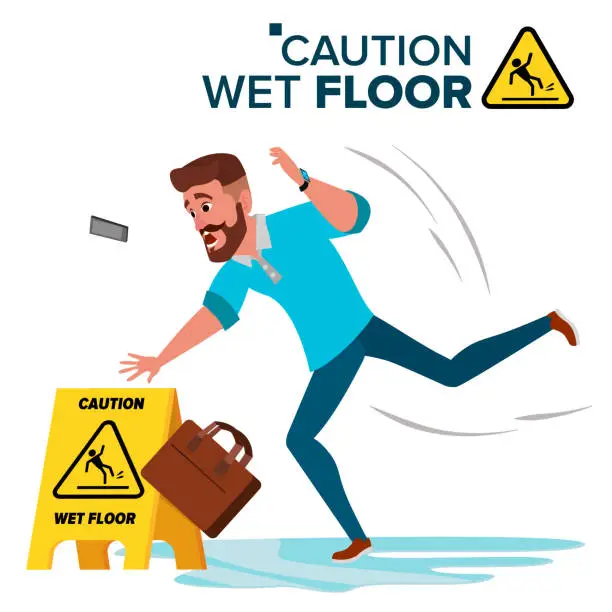 Vector illustration of Man Slips On Wet Floor Vector. Caution Sign. Isolated Flat Cartoon Character Illustration