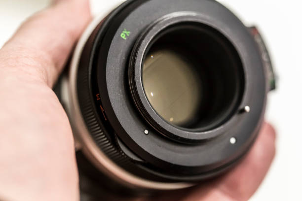 istock Old vintage black camera lens hand held 917998590