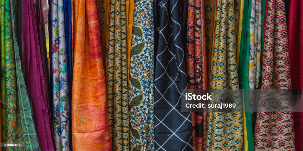 colorful indian sari fabric/ textile colorful indian sari fabric/ textile for sell in indian market Textile Stock Photo