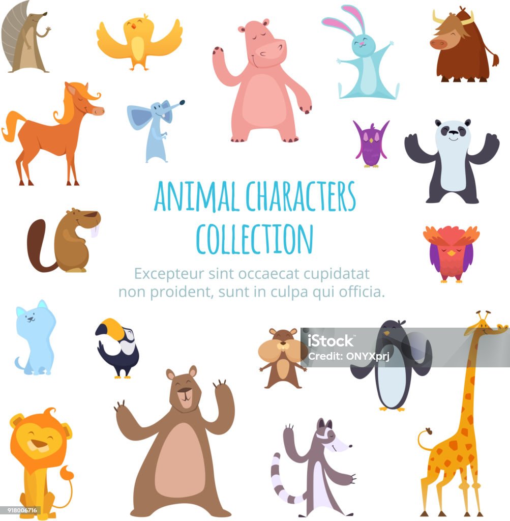 Vector background pictures with different cartoon animals Vector background pictures with different cartoon animals. Wild exotic giraffe and bear, bull and horse illustration Animal stock vector