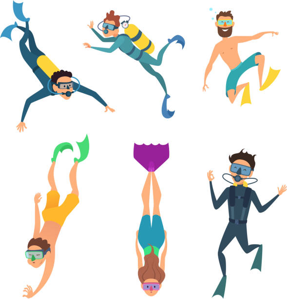 Set of cartoon characters. Underwater divers Set of cartoon characters. Underwater divers man and woman with snorkel and mask, vector illustration diving flippers stock illustrations