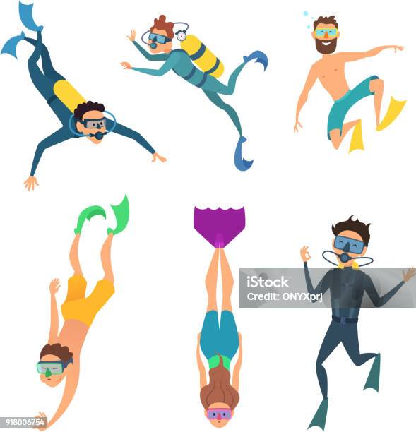 Set Of Cartoon Characters Underwater Divers Stock Illustration - Download Image Now - Underwater Diving, Diving Into Water, Snorkeling