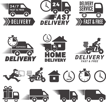 s set of fast delivery service. Vector labels isolate on white. Illustration of delivery service fast and free