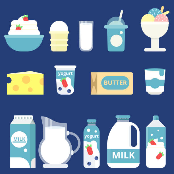 ilustraciones, imágenes clip art, dibujos animados e iconos de stock de ilustraciones de los productos lácteos. crema, yogurt y queso - butter dairy product yogurt milk