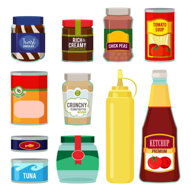 통조림의 삽화입니다. 토마토, 물고기, 야채 및 기타 식품의 보존 - can packaging tuna food stock illustrations