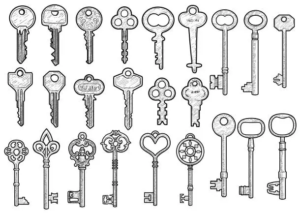 Vector illustration of Key illustration, drawing, engraving, ink, line art, vector