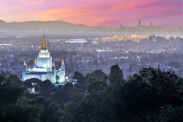 Oakland Temple and City from Oakland Hills. Oakland, Alameda County, California, USA. salt lake city mormon temple utah photos stock pictures, royalty-free photos & images