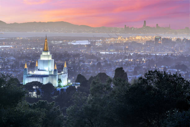 oakland temple and city from oakland hills. - mormon imagens e fotografias de stock