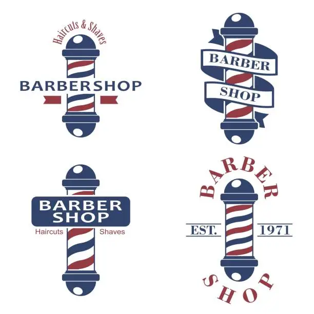 Vector illustration of Barber shop poles set. Hairdressing saloon icons isolated on white background. Barbershop sign and symbol. Design elements collection for logo, labels, emblems. Vector Illustration