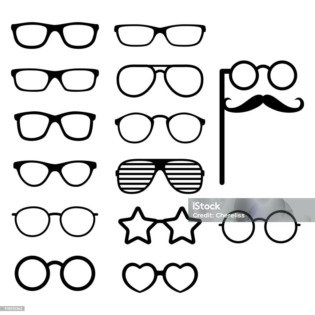 Set di occhiali vettoriali. Oggetti di scena fotografici. Stile Hipster. Diversi tipi di occhiali. vettore - arte vettoriale royalty-free di Occhiali da vista