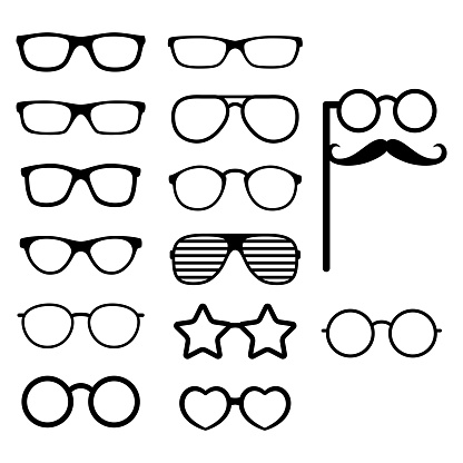 Set of vector glasses. Photo props. Hipster style. Different glasses types. Vector illustration
