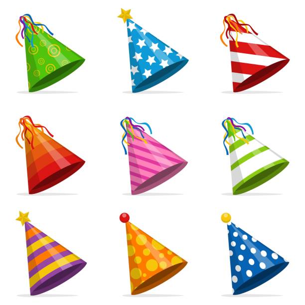 Colorful Party hats cone set isolated on white background. Accessory, symbol of the holiday. Birthday caps set. Vector illustration Colorful Party hats cone set isolated on white background. Accessory, symbol of the holiday. Birthday caps set. Vector illustration party hat stock illustrations