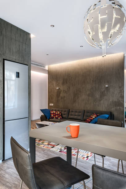 istock Modern studio apartments, stylish open space living room interior 918016892