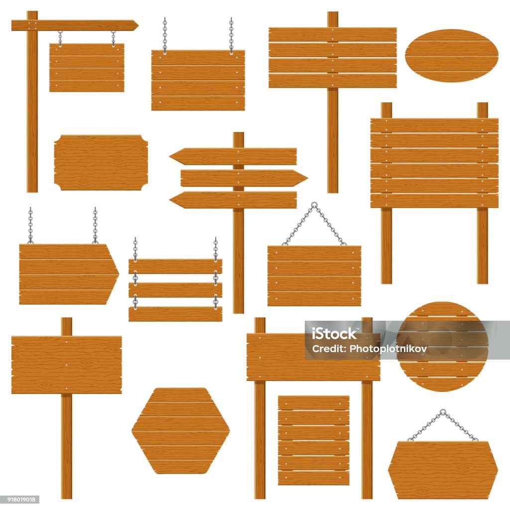 Schilder aus Holz und Holz Planke Satz isoliert auf weißem Hintergrund. Zeichen und Symbole, um eine Botschaft auf der Straße oder auf der Straße, Embleme, Signages. Banner-Vorlage mit Holzstruktur. Vektor - Lizenzfrei Holz Vektorgrafik