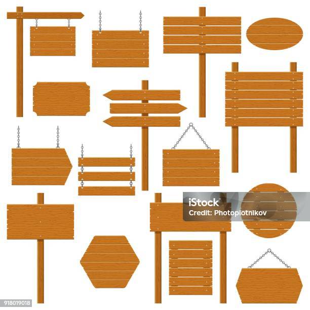 Wooden Signboards And Wood Plank Set Isolated On White Background Signs And Symbols To Communicate A Message On Street Or Road Emblems Signages Banner Template With Wood Texture Vector Stock Illustration - Download Image Now