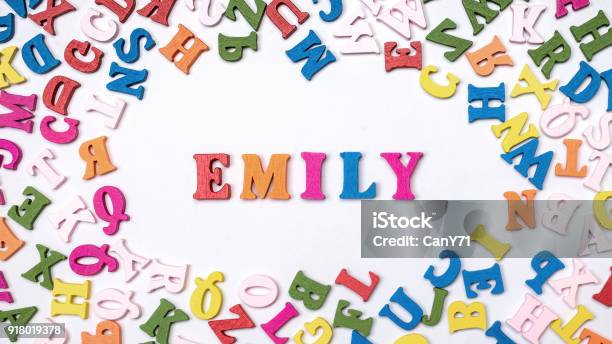 Baby Name Emily Composed Of Wooden Letters On Floor Choosing Name Concept Stock Photo - Download Image Now