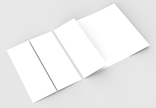 Double gate fold vertical brochure mock up isolated on soft gray background. 3D illustrating