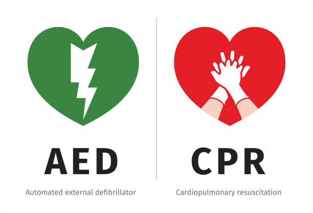 Cardiopulmonary resuscitation (CPR) dan Automated external defibrillator (AED) - ikon vektor yang diisolasi pada warna putih.