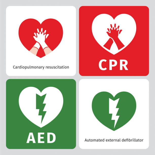 ilustraciones, imágenes clip art, dibujos animados e iconos de stock de aed y cpr - señales de emergencia - cpr emergency services urgency emergency sign