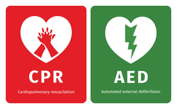 stockillustraties, clipart, cartoons en iconen met reanimatie en aed symbolen - defibrillator