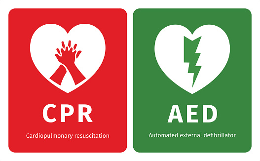 Color coded AED & CPR with text inscription.