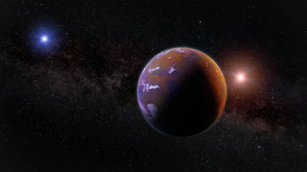 istock beautiful exoplanet, part of an alien binary star system with a red and blue star 918027292