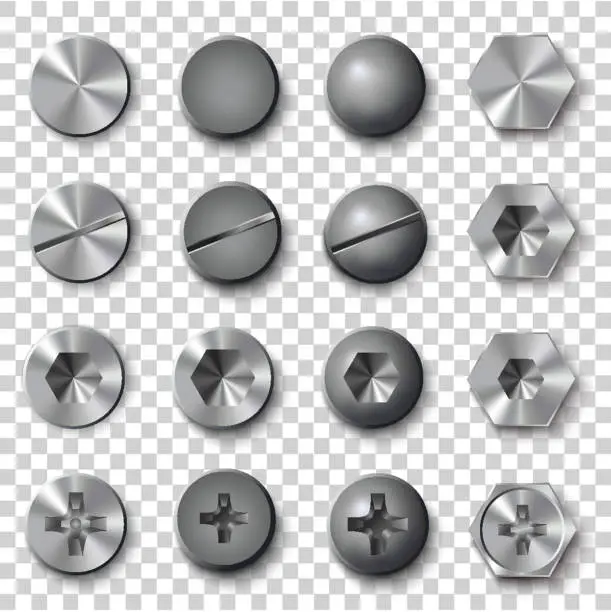 Vector illustration of Set of screws and bolts on transparent background. Vector illustration