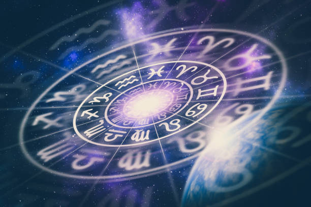 Astrological zodiac signs inside of horoscope circle Astrological zodiac signs inside of horoscope circle on universe background - astrology and horoscopes concept gold or aquarius or symbol or fortune or year stock pictures, royalty-free photos & images