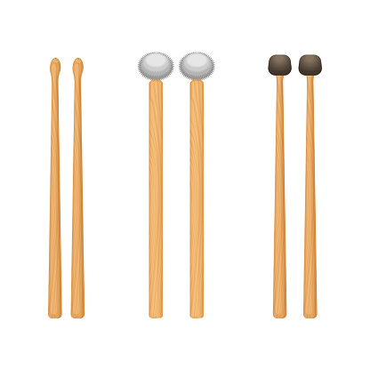 Professional wooden drum sticks with rounded ends set. Equipment to play percussion musical instrument isolated cartoon flat vector illustrations collection.